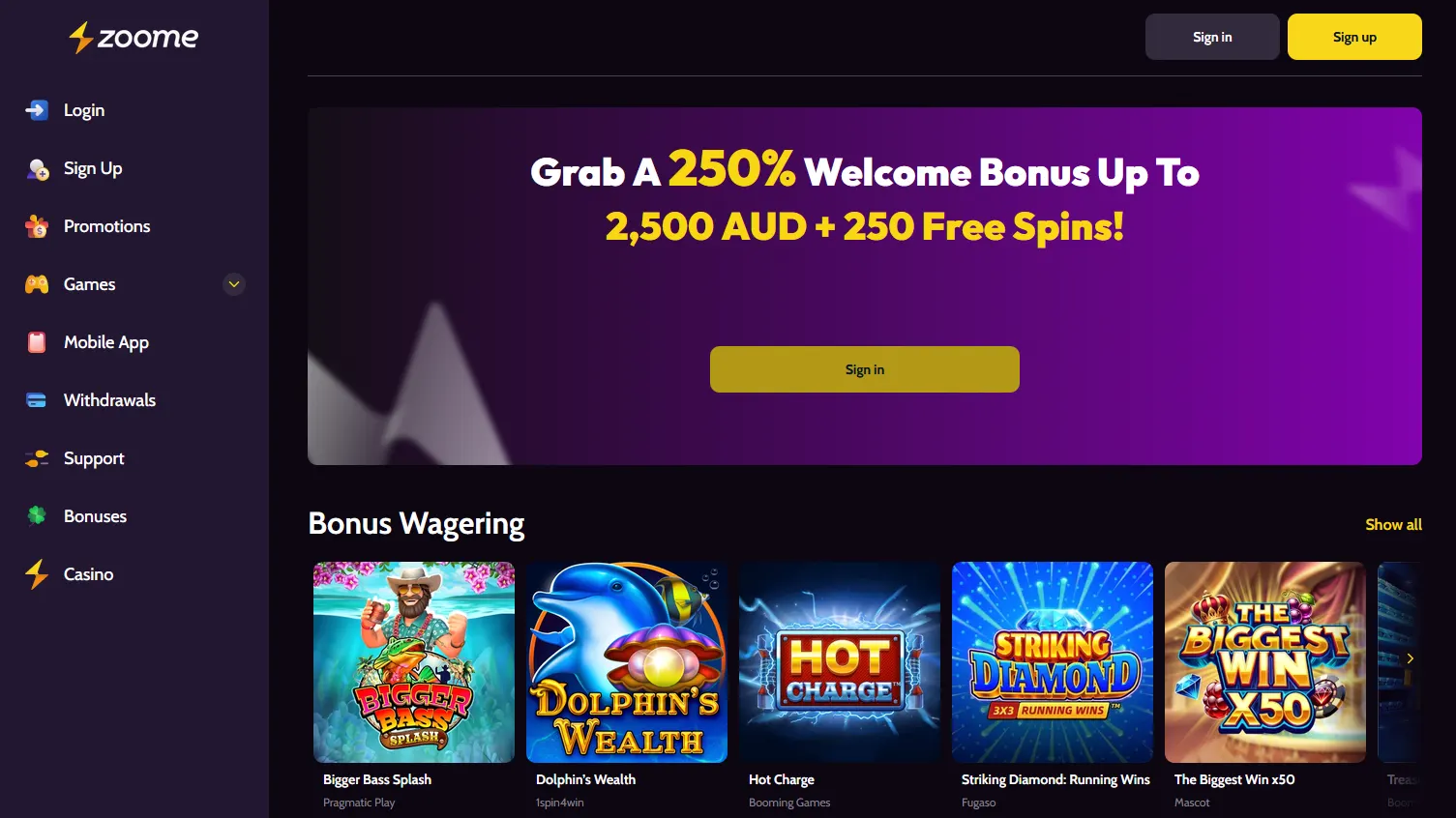 Zoome3 Casino welcome offer with a first-deposit bonus and free spins